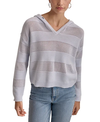 Dkny Jeans Women's Pointelle Stripe V-Neck Hooded Sweater