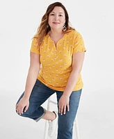 Style & Co Plus Printed Short-Sleeve Henley Top, Created for Macy's