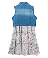 Rare Editions Big Girls Denim Vest Dress Outfit with Necklace, 3 Pc