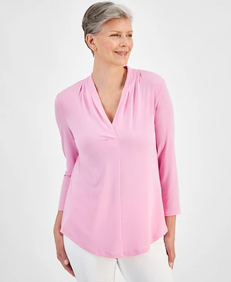 Jm Collection Women's 3/4 Sleeve V-Neck Pleat Top, Created for Macy's