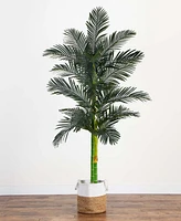 Nearly Natural 8ft. Golden Cane Artificial Palm Tree in Handmade Natural Cotton Planter