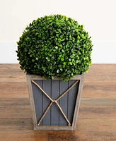 Nearly Natural 18in. Uv Resistant Artificial Boxwood Ball Topiary with Led Lights in Decorative Planter Indoor/Outdoor