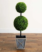 Nearly Natural 3ft. Uv Resistant Artificial Double Ball Boxwood Topiary with Led Lights in Decorative Planter Indoor/Outdoor