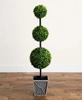 Nearly Natural 45in. Uv Resistant Artificial Triple Ball Boxwood Topiary with Led Lights in Decorative Planter Indoor/Outdoor