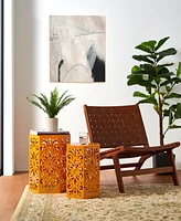 Glitzhome Multi-Functional Set of 2 Orange Cutout Floral Hexagonal Garden Stools or Planter Stand