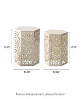 Glitzhome Multi-Functional Set of 2 White Floral Pattern Hexagonal Garden Stools or Planter Stand