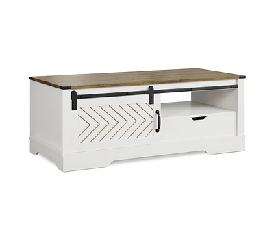 Simplie Fun Modern White Wood Coffee Table with Barn Door Drawer Storage