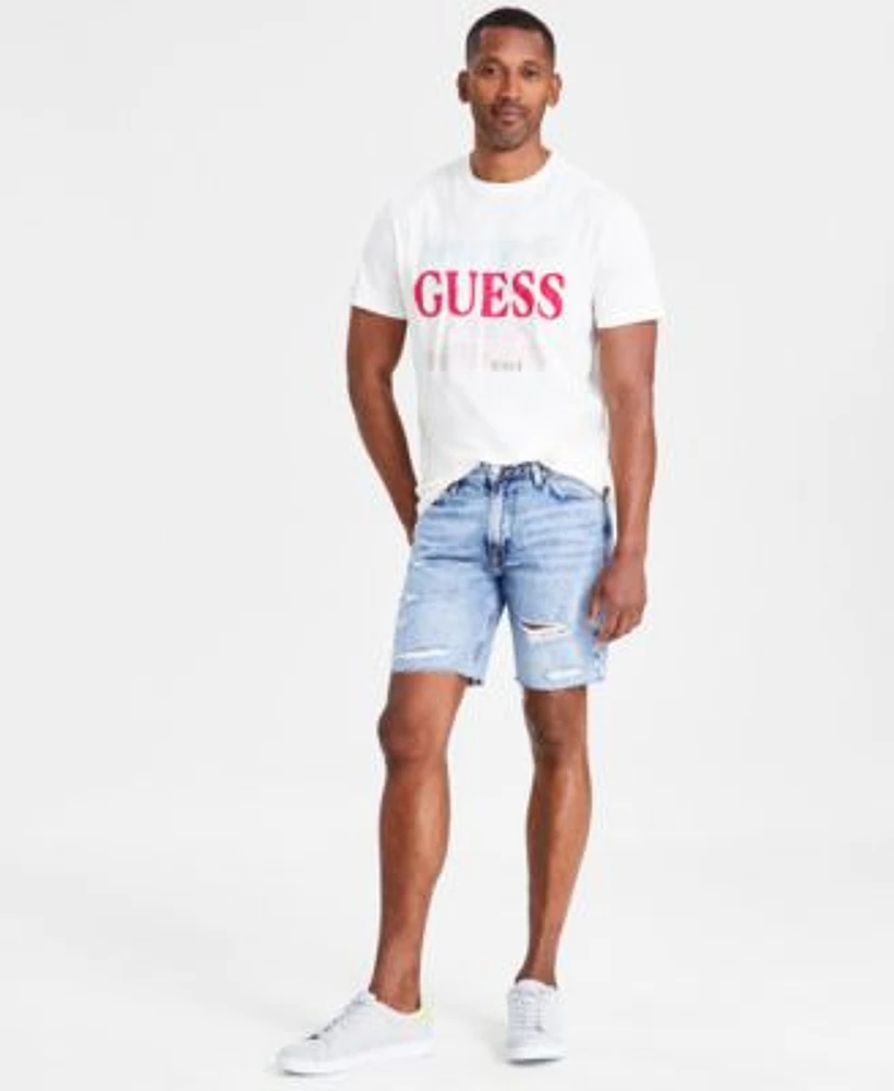 Guess Mens World Stamps Regular Fit Logo Graphic T Shirt Wyatt Slim Fit Destroyed Cutoff 9 Denim Shorts