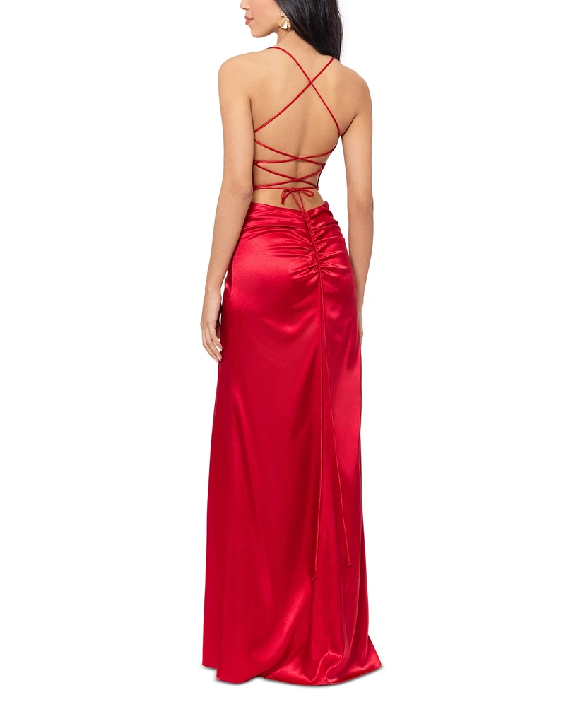 Blondie Nites Juniors' Draped Lace-Up Satin Gown