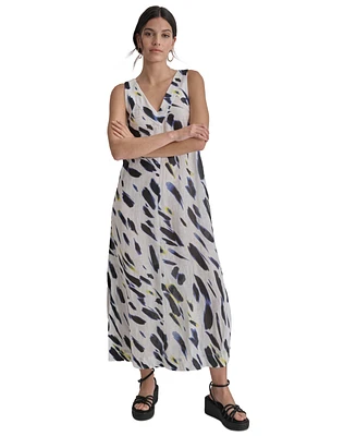 Dkny Women's Printed Linen V-Neck Sleeveless Maxi Dress