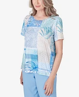 Alfred Dunner Women's Hyannisport Patchwork Leaf Lace Detail Short Sleeve T-shirt