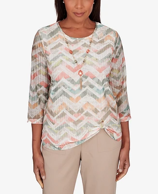 Alfred Dunner Women's Tuscan Sunset Textured Chevron Twisted Detail Crew Neck Top