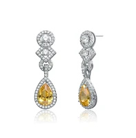 Sterling Silver White Gold Plated With Colored and Clear Cubic Zirconia Dangle Earrings