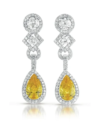 Genevive Sterling Silver White Gold Plated With Colored and Clear Cubic Zirconia Dangle Earrings