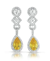 Sterling Silver White Gold Plated With Colored and Clear Cubic Zirconia Dangle Earrings