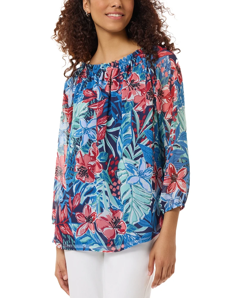 Jones New York Women's Printed Smocked-Neck Blouse