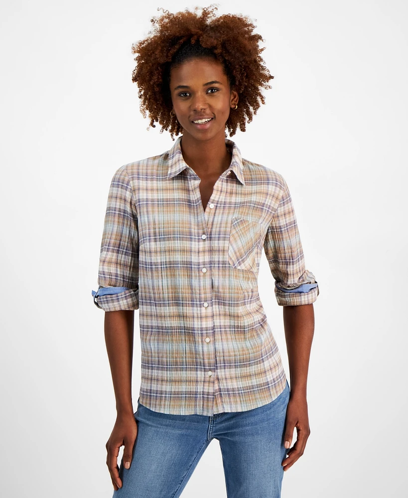 Nautica Jeans Women's Plaid Long-Sleeve Roll-Tab Shirt