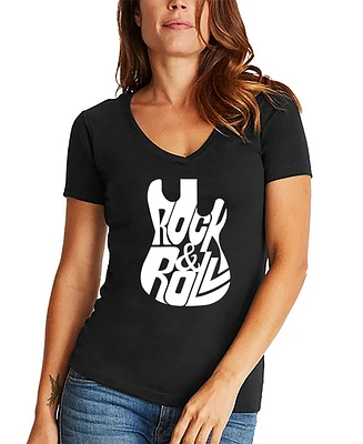 La Pop Art Women's Word Rock And Roll Guitar V-Neck T-Shirt