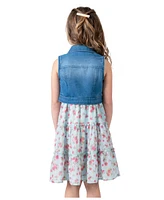 Rare Editions Toddler & Little Girls Denim Vest Dress Outfit with Necklace, 3 Pc