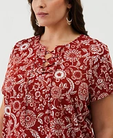 Ella Rafaella Plus Paisley Print Lace-Up Short Sleeve Tee Shirt