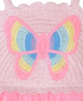 Pink Violet Little Girls Sleeveless Butterfly Crochet Mesh Dress