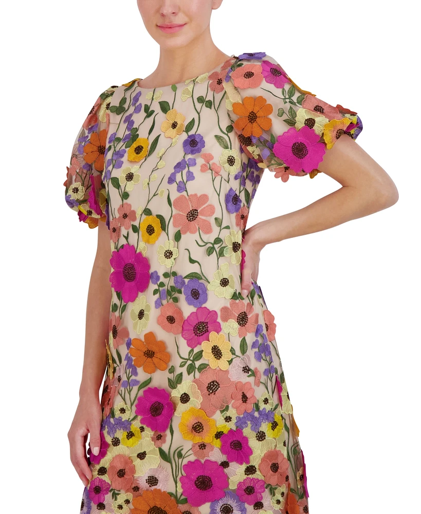 Eliza J Petite 3D-Floral Puff-Sleeve Mini Dress
