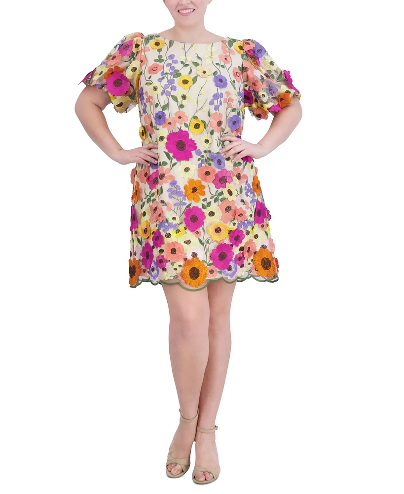 Eliza J Plus 3D Embroidered-Florals Puff-Sleeve Dress