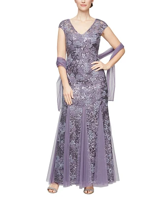 Alex Evenings Petite Sequined Embroidered Gown & Shawl