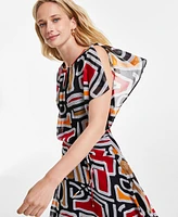 Karl Lagerfeld Paris Women's Printed High-Low Flutter-Sleeve Dress