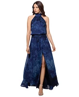 Betsy & Adam Petite Floral-Chiffon Halter-Neck Gown