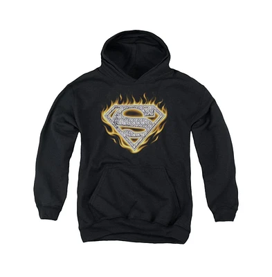 Superman Boys Youth Steel Fire Shield Pull Over Hoodie / Hooded Sweatshirt
