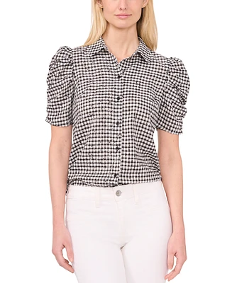 CeCe Women's Ruched Sleeve Collared Button Down Blouse