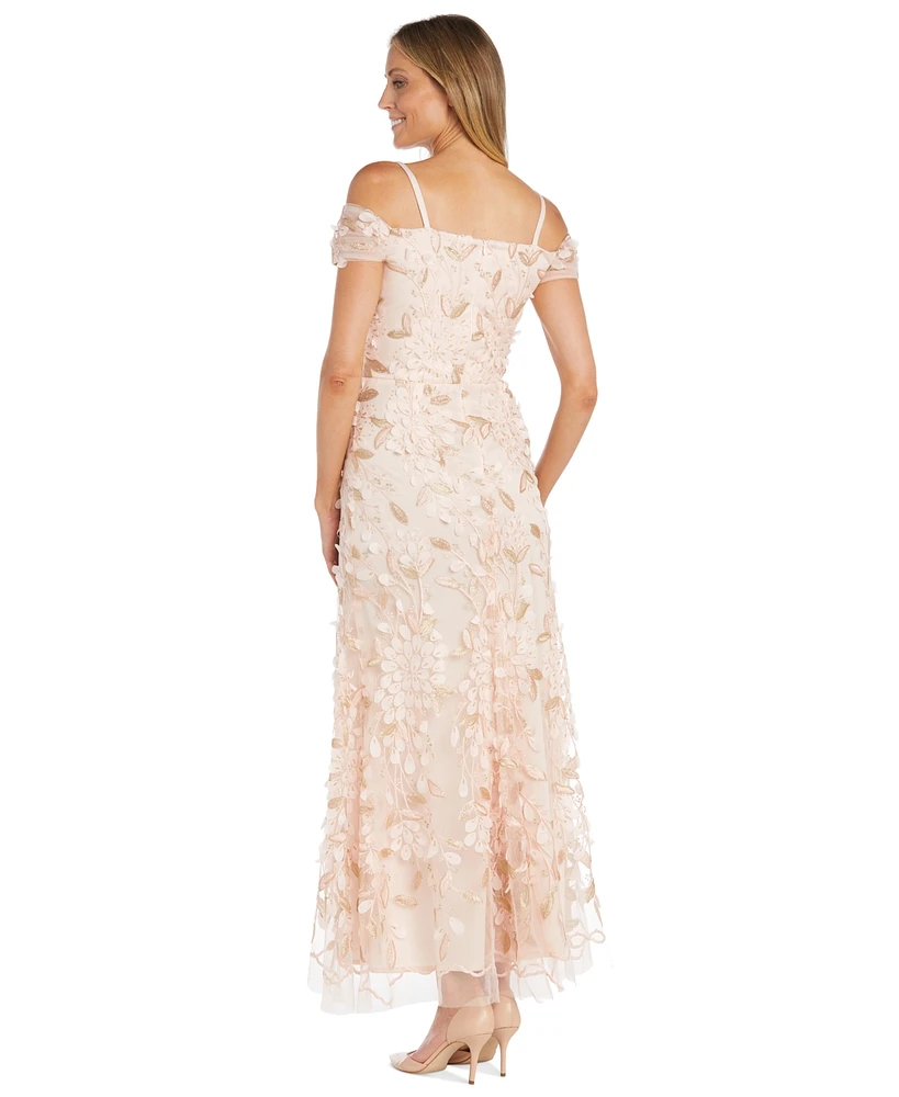 R & M Richards Women's Embellished 3D Appliqued Gown