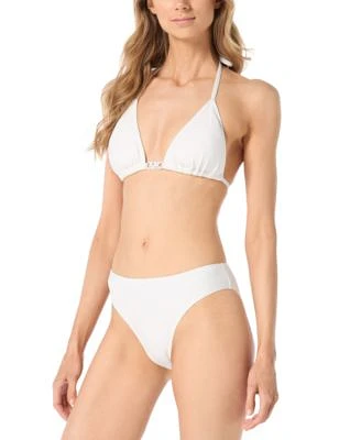 Michael Michael Kors Womens Logo Hardware Triangle Halter Bikini Top Textured Full Coverage Bikini Bottoms