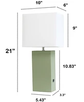 Lalia Home Lexington 21" Leather Base Modern Decor Bedside Table Lamp with Usb Charging Port