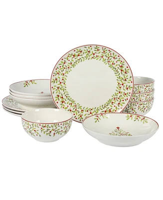 Gibson Home Tree Festival 12 Piece Double Bowl Dinnerware Set, Service for 4