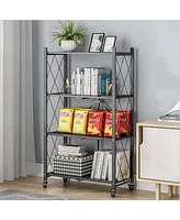 4-Tier Foldable Storage Shelving Unit, Heavy Duty Metal Shelf, Kitchen Shelf with 3 Hooks
