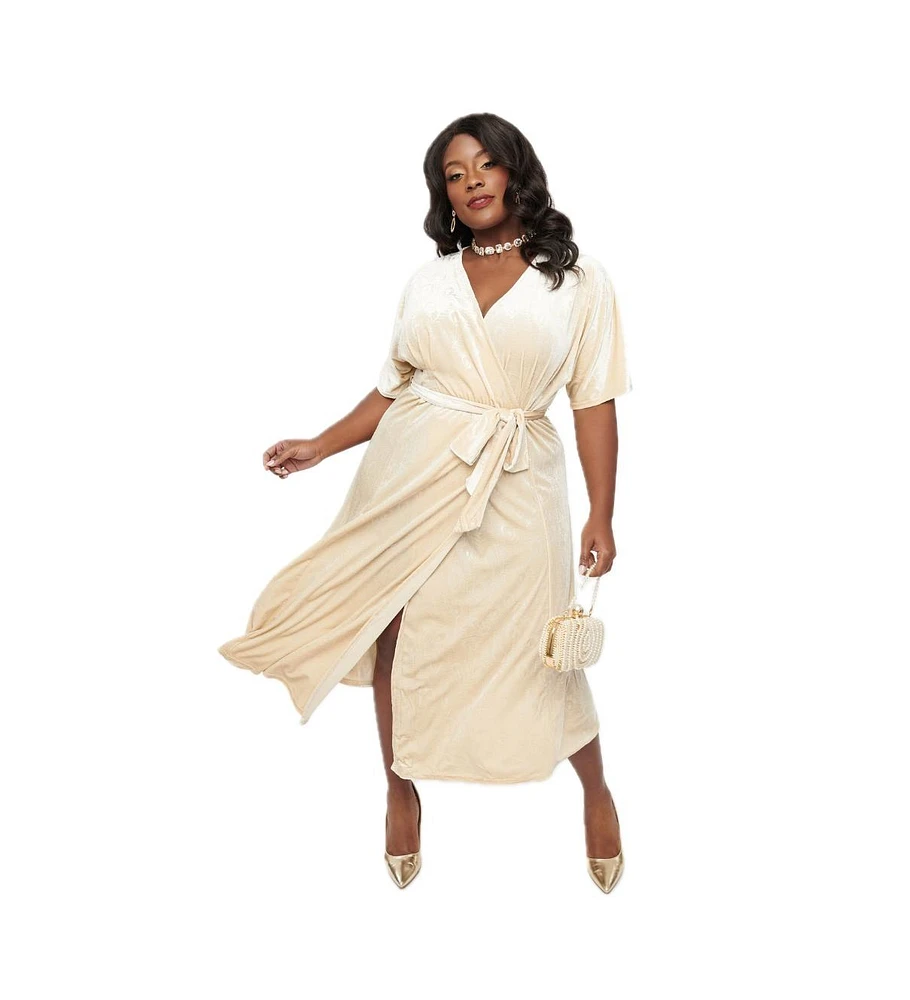 Unique Vintage Plus Size Velvet Tie Wrap Surplice Midi Dress