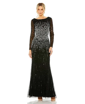Mac Duggal Women's High Neck Sequin Embellished Long Sleeve A Line Gown