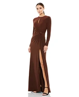 Mac Duggal Women's Ieena Long Sleeve Keyhole Draped Gown