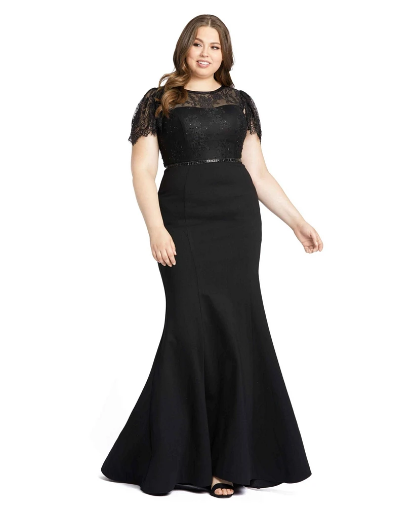 Mac Duggal Plus Size Lace Illusion High Neck Cap Sleeve Gown