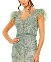 Mac Duggal Women's Embellished Feather Cap Sleeve Illusion Neck Trump