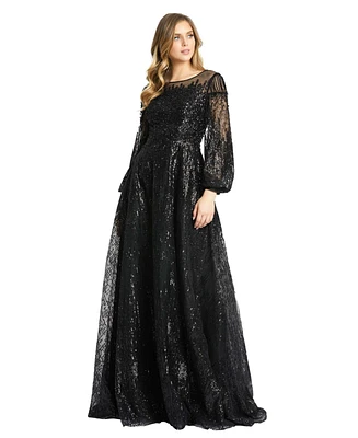 Mac Duggal Women's Jewel Encrusted Illusion Long Sleeve A Line Gown