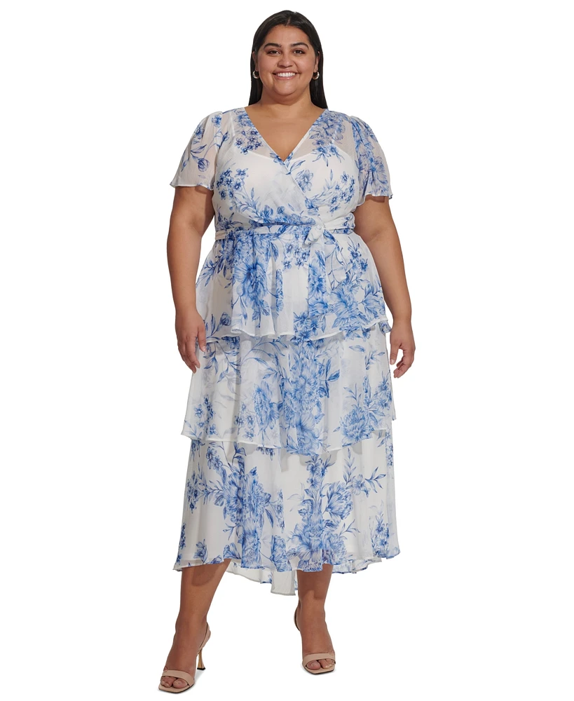 Calvin Klein Plus Size Printed Tie-Waist Tiered Chiffon Dress