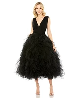 Mac Duggal Women's Ruffled Cap Sleeve V-Neck A Line Tulle Dress