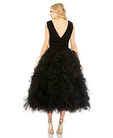 Mac Duggal Women's Ruffled Cap Sleeve V-Neck A Line Tulle Dress