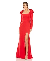 Mac Duggal Women's Ieena Empire Long Sleeve Bow Shoulder Slip Gown