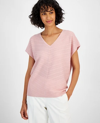 T Tahari Women's V-Neck Pointelle Cap-Sleeve Sweater