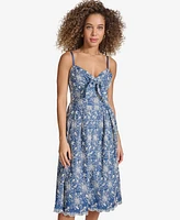 kensie Women's Embroidered Denim Knot-Front Midi Dress