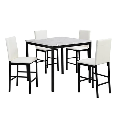 Simplie Fun 5Pc White Counter Height Dining Set White Faux Marble Top Table And 4X White Counter Height Chairs Metal Frame Black Casual Dining Furnitu